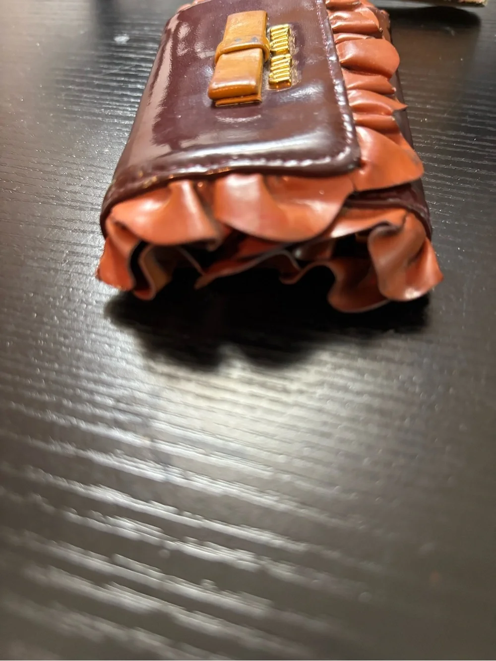 Authentic Miu Miu Ruffle Bow Key Wallet - Maroon Patent Leather - Rare Vintage